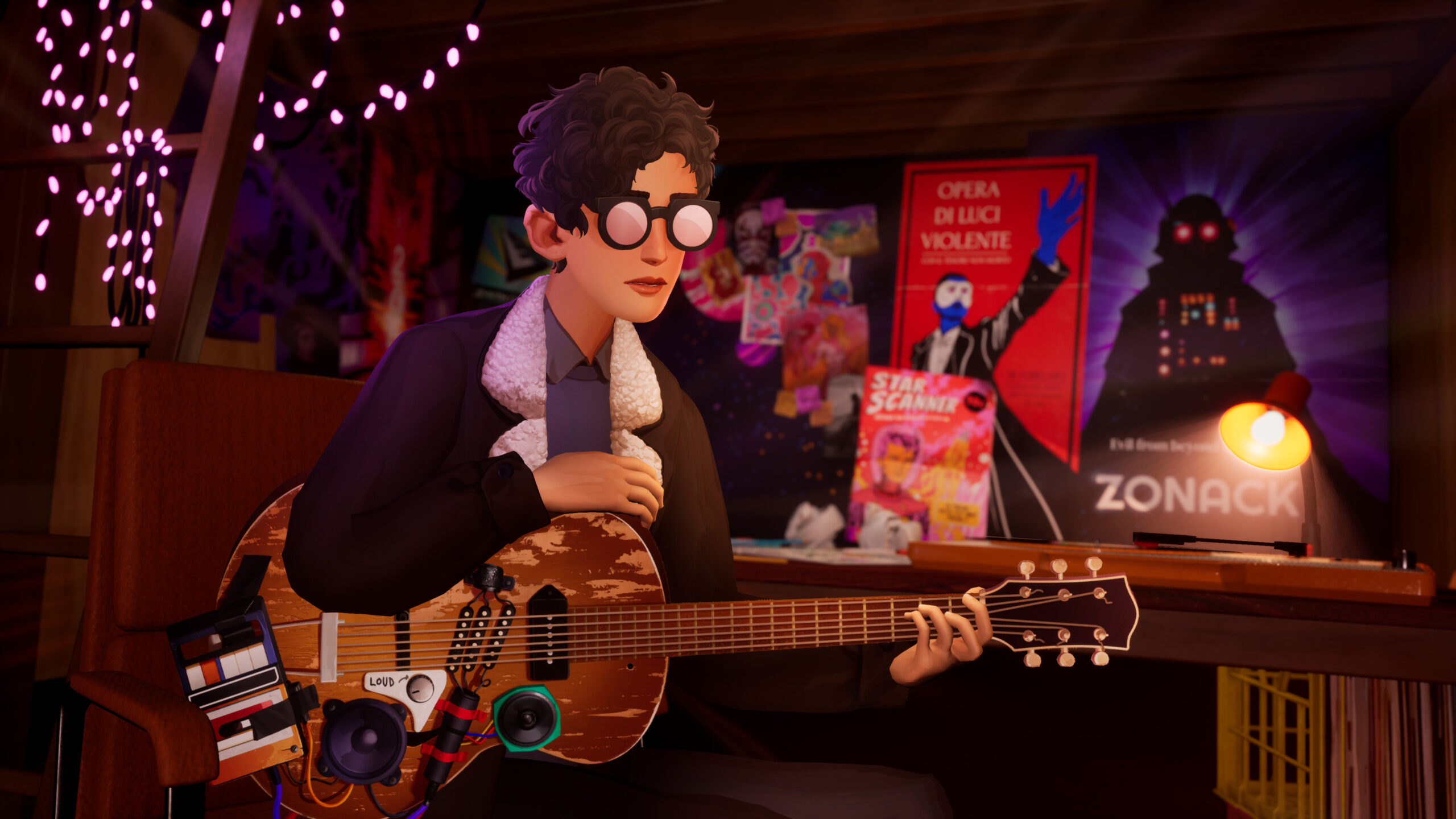 Screenshot from the Artful Escape. Depicting Francis Vendetti holding a guitar.