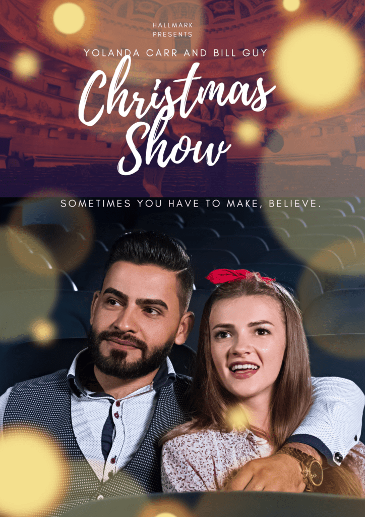 A Christmas show mock poster, a man has his arms around a woman in a theatre. With Sparkles all around them.